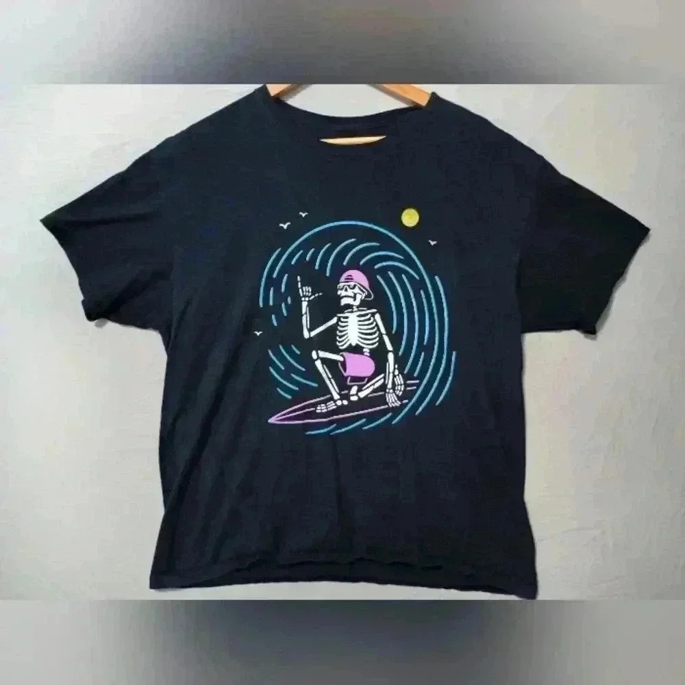 Fruit Of The Loom Sofspun Black SKELETON SURFER Graphic T-Shirt Sz L Hang Loose